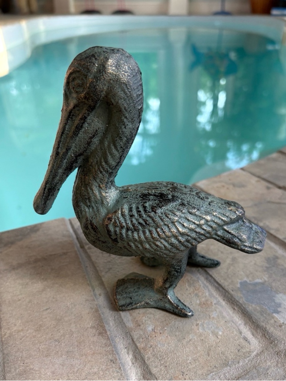 Cast Metal Pelican Decor - Weathered Green Patina
